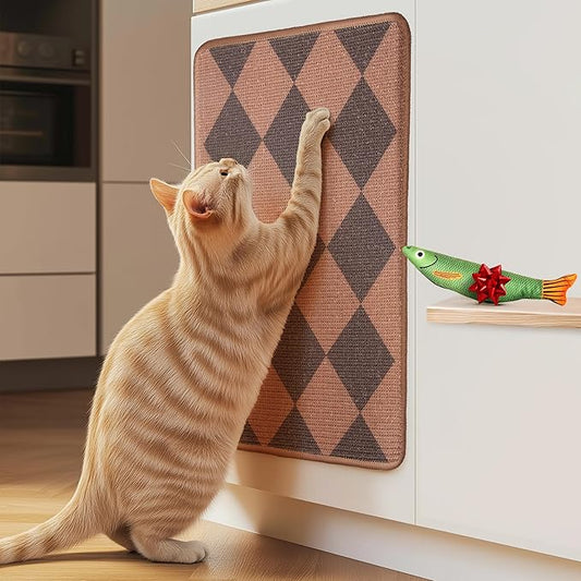 SCRATCHABLE Sisal Cat Scratcher, [+ Catnip Fish Toy], Cat Wall Scratcher, Couch Protector from Cat Scratching, 24 X 15.8 with 12 Adhesive Velcro Stripes. (Brown Diamonds)