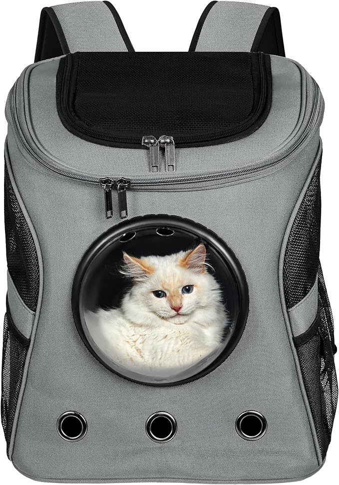Cat Backpack Carrier, Airline Approved, Space Capsule Bubble Design, Ideal for Cats & Dogs up to 28-35 lbs, with Strong Straps, Safety Zippers, Mesh, Comfortable for Hiking & Travel (Grey)