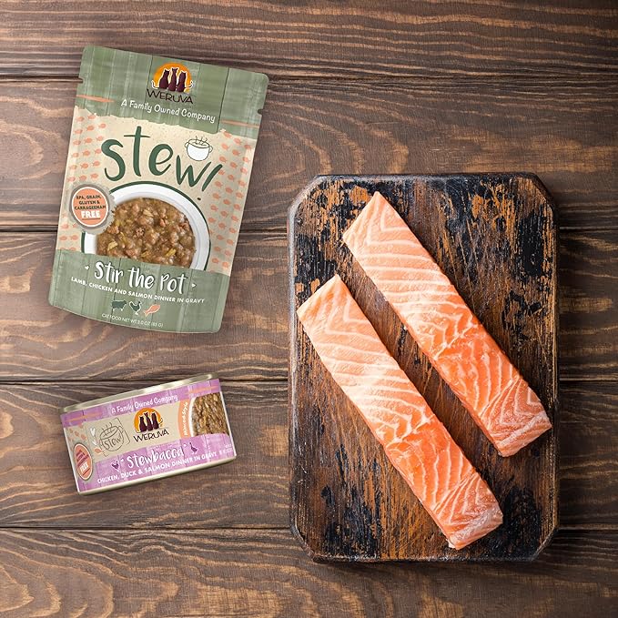 Weruva Classic Cat Stews!, Simmer Down with Turkey, Chicken & Salmon in Gravy, 3oz Pouch (Pack of 12)