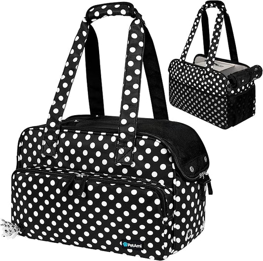 PetAmi Small Dog Purse Carrier, Soft-Sided Pet Carrier Bag with Pockets, Portable Puppy Cat Travel Handbag Tote, Airline Approved Breathable Mesh, Poop Bag Dispenser, Max 18 lbs, Polka Dot Black