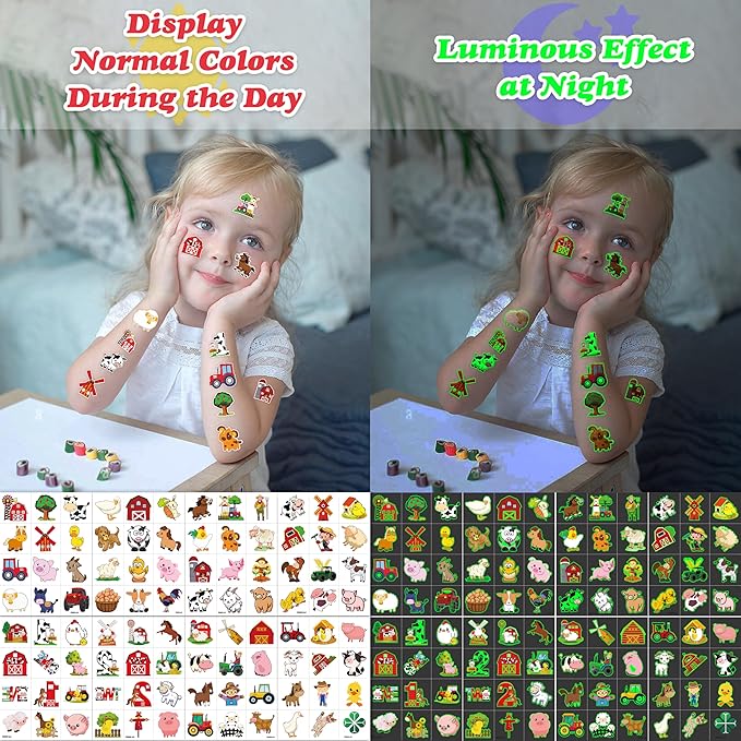 96 PCS Farm Barnyard Animal Glow In The Dark Pre-Cut Temporary Tattoos Sticker 1st First 2nd Birthday Decorations Party Favors Supplies Gift Boy Girl Farmhouse Tattoo School Reward Themed (Luminous)