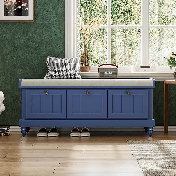 Classic Shoe Storage Bench with Cushion and Three Drawers, Fluted Entryway Bench with Storage for Entryway, Living Room, Hallways 44.0" L x 15.9" W x 18.9" H Antique Navy