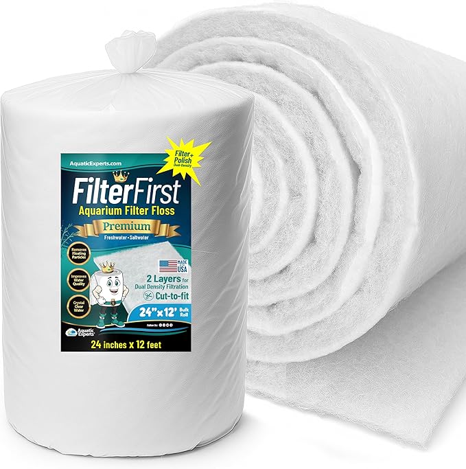 Aquatic Experts FilterFirst Aquarium Filter Pad - Aquarium Filter Floss for Crystal Clear Water, 3/4" - 1" Thick (24 Inch Wide, 12 Feet Long)