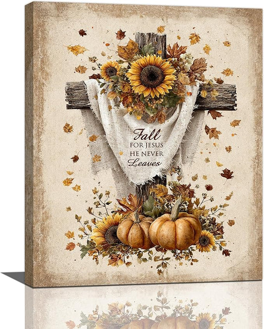 Christian Fall Wall Art Autumn Rustic Cross Sunflower Pumpkin Wall Decor Fall for Jesus He Never Leaves Pictures Painting Print Framed Artwork Decorations Gifts for Living Room Bedroom Prayer Room Office 16"x20"