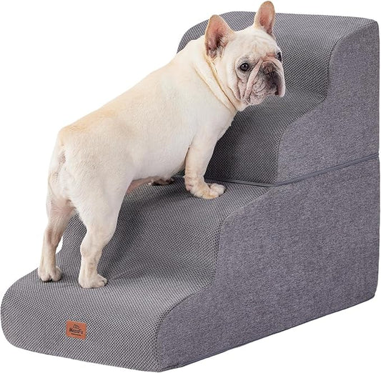 Gray Curved Dog Stairs Ramp for High Beds 22.8" H, 4-Step Dog Steps for Small Dogs and Cats, Pet Stairs for High Bed Climbing, Non-Slip Balanced Pet Step
