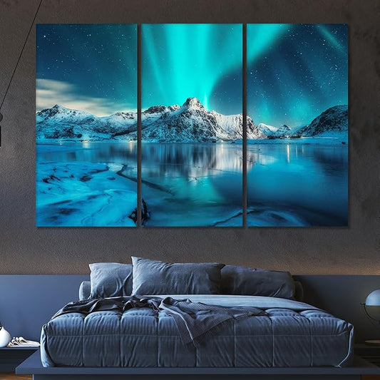 Nature Wall Art Prints - Ocean Forest Mountain Lake Canvas Landscapes - Small to Extra Large Living Room Bedroom Kitchen Bathroom Décor (Northern Lights Over Lake, 39L" x 59W" - 3 Panels)
