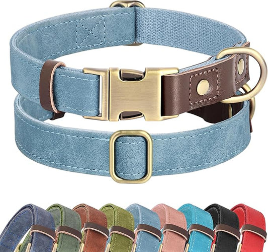 Didog Soft PU Leather Dog Collars for Small Dogs,Classic Adjustable Dog Collars with Quick Release Metal Buckle,Easy Clean and Comfortable with Nylon Lining,Denim Blue,S Neck 10-15"