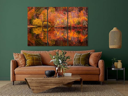 Nature Wall Art Prints - Ocean Forest Mountain Lake Canvas Landscapes - Small to Extra Large Living Room Bedroom Kitchen Bathroom Décor (Autumn Forest with Lake, 47L" x 71W" - 3 panels)