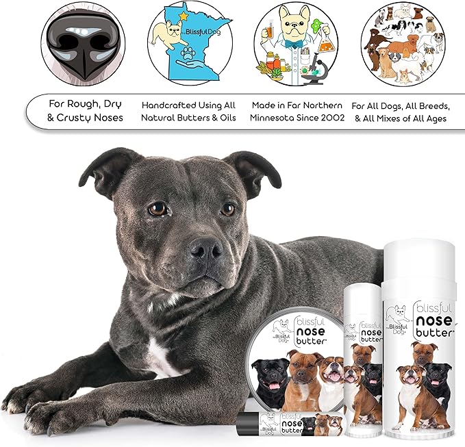 The Blissful Dog Staffordshire Bull Terrier Nose Butter for Dry, Cracked Skin, Lick-Safe Dog Nose Balm with Moisturizing Shea Butter, Almond, Olive, and Essential Oils, Pet Supplies, Uncented, 1 oz.