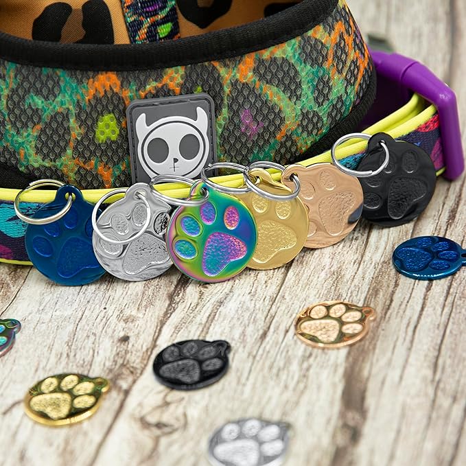Engraved Pet Tag for Dogs and Cats - Personalized Front & Back up to 4 Lines of Text Custom Engraved ID, Round Paw Print Solid Plating Stainless Steel Silver Small