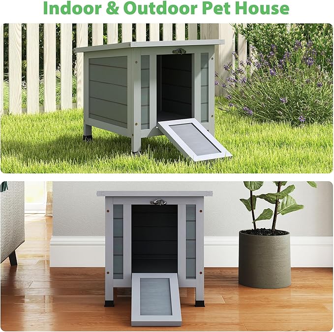 Coziwow Rabbit Hutch, Outdoor Cat House Weatherproof, Bunny Cage Indoor with Openable, Portable Small Animals Shelters with Nonslip Ramp for Hideout Rabbits/Feral Cats/Chicken/Duck/Small Animals-Gray