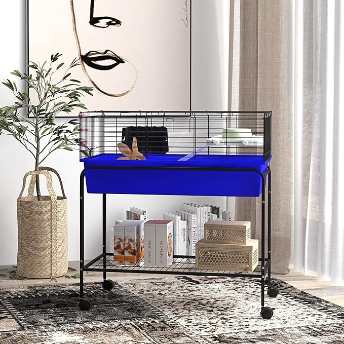 PawHut Two-Story Small Animal Cage Removable from Stand, Guinea Pig Cage with Shelf & Wheels, Pet Habitat for Hedgehog, Chinchilla, Ferret, 33" x 18.5" x 35", Blue