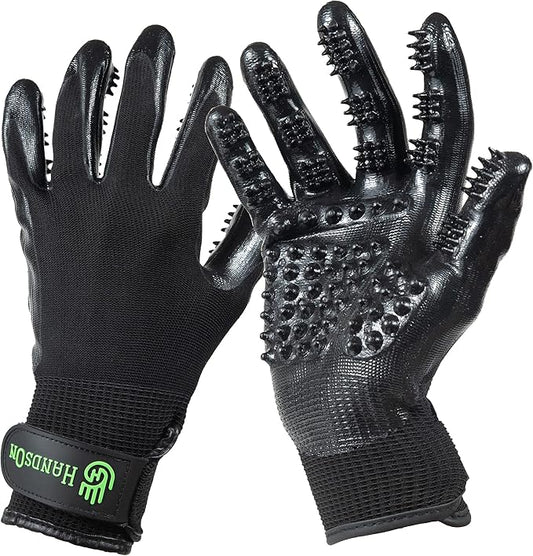 H HandsOn Pet Grooming Gloves - Patented #1 Ranked, Award Winning Shedding, Bathing, & Hair Remover Gloves - Gentle Brush for Cats, Dogs, and Horses (Black, Medium)
