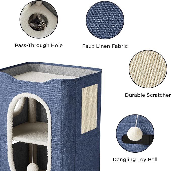 Bedsure 2 Story Cat House - Cat Condos for Indoor Cats with Scratch Pad and Fluffy Ball Hanging, Small Pet Cave Furniture Hideaway for Multi Pets, 18x14x23 inches, Blue