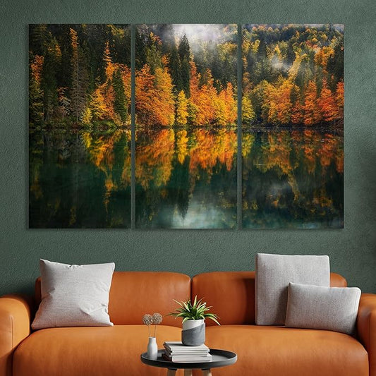 Nature Wall Art Prints - Ocean Forest Mountain Lake Canvas Landscapes - Small to Extra Large Living Room Bedroom Kitchen Bathroom Décor (Autumn by the Lake, 39L" x 59W" - 3 Panels)