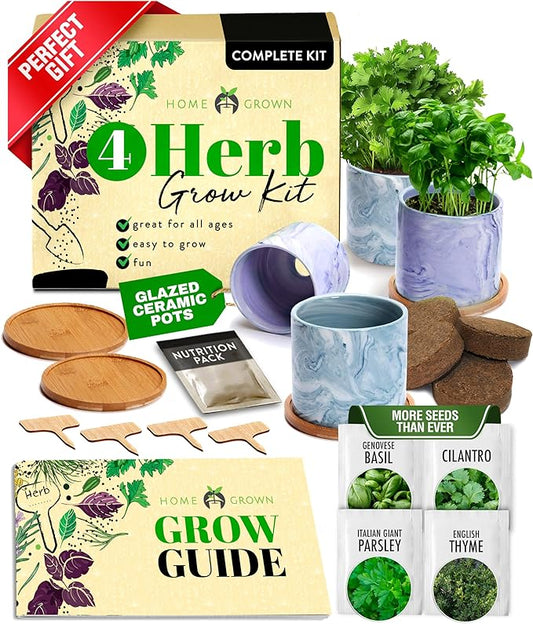 HOME GROWN Indoor Herb Garden Kit w/Glazed Ceramic Pot - Easy-to-Grow Kitchen Window Gardening Starter Set - Unique Housewarming Gift for Women, Mom, Gardeners, Friend, Her, Mother