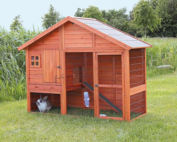 TRIXIE Pet Products Rabbit Hutch with Gabled Roof, 76.25 x 31.5 x 59.75 inches