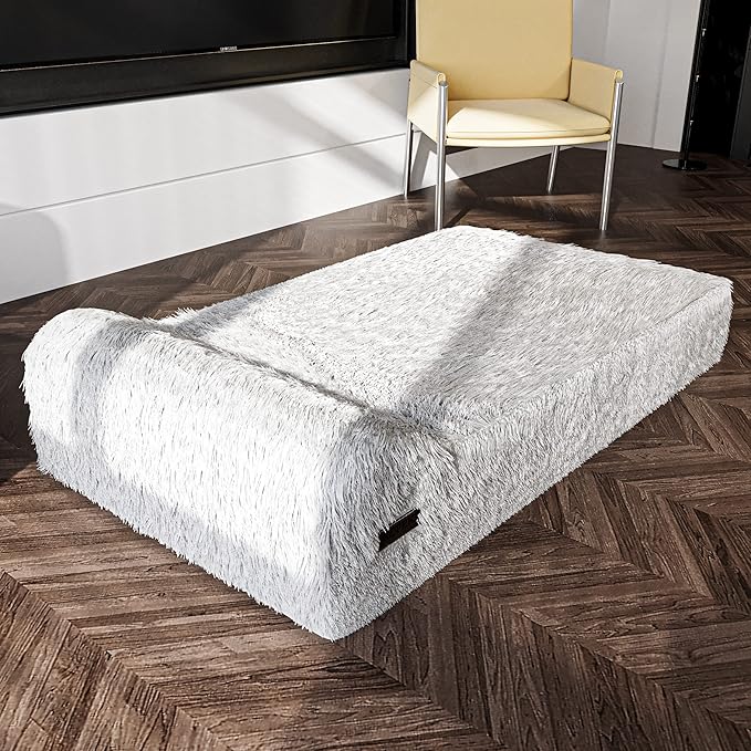KOPEKS Orthopedic Memory Foam Dog Bed 7" Inch Thick Extra Large Dog Bed with Pillow Fluffy Grey 50"x34"x10" Includes Waterproof Liner & Durable Removable Cover with Smart Design